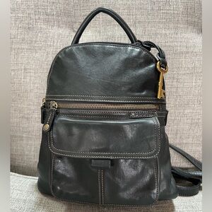 Fossil Genuine Leather Multi Pocket Adjustable Straps Black Small Backpack Bag